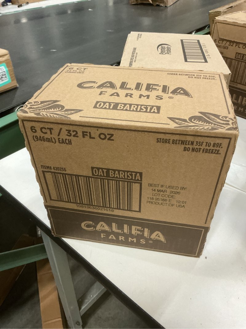 Condition photo showing New/Like New for ((BB:27/DEC/2026))Califia Farms - Oat Barista Blend Oat Milk, 32 Oz (Pack of 6), Shelf Stable, Dairy Free, Plant Based, Vegan, Gluten Free, Non GMO, High Calcium, Milk Frother, Creamer, Oatmilk Oat Barista Original 32 Ounce (Pack of 6)