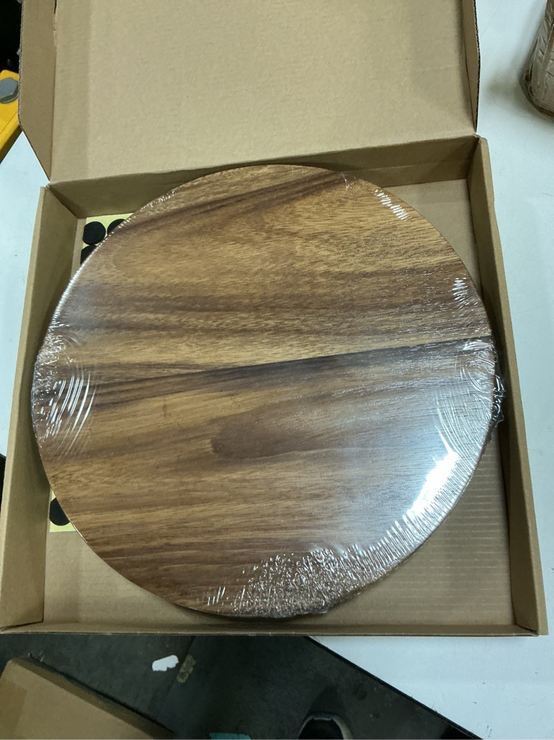 Condition photo showing New/Like New for round 11.8" acacia wood decorative tray – farmhouse wood riser pedestal stand for kitchen and bathroom decor, counter display, vanity tray (large, 11.8" dia) large: dia 11.8"
