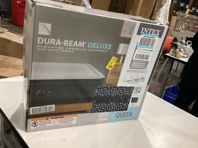 Condition photo showing New/Like New for intex dura-beam deluxe comfort-plush elevated: fiber-tech – queen size – built-in electric pump – 18in bed height – 600lb weight capacity 18" grey queen