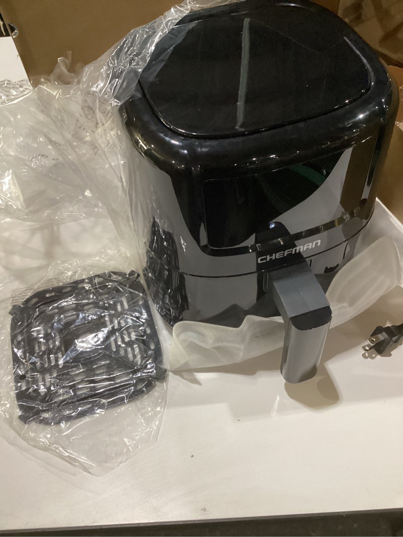 Condition photo showing New/Like New for CHEFMAN 2 Qt Mini Air Fryer – Digital Space-Saving Compact Air Fryer with Nonstick and Dishwasher Safe Basket, Quick & Easy Meals in Minutes, Features Digital Timer and Shake Reminder – Black 2 Quart Black, NOT TESTED 