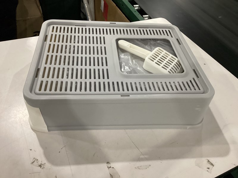 Condition photo showing Good Condition for cat litter box with litter mat and scoop, large foldable litter box with lid, front entry top exit kitty box, odor control, easy to clean (grey)