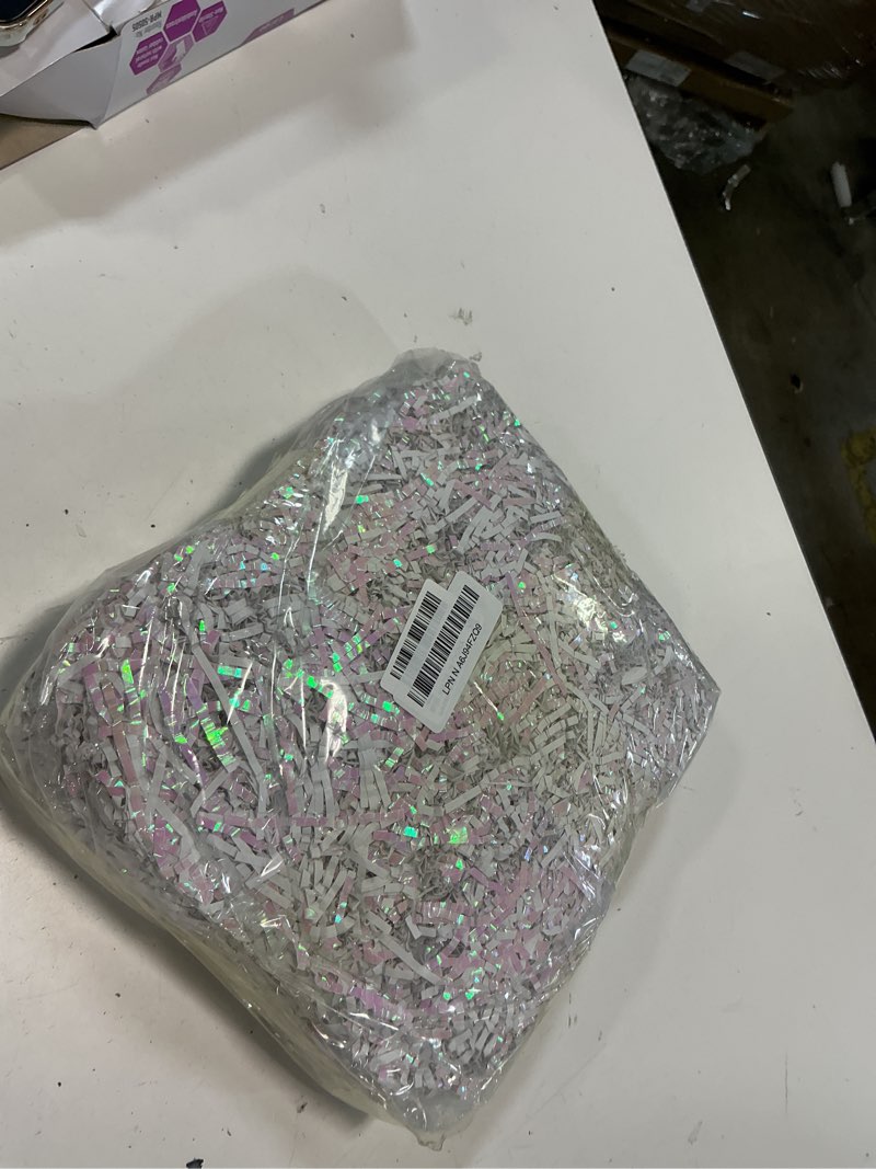 Condition photo showing Good Condition for woric 2 LB Crinkle Cut Paper Shred Filler, Iridescent White Crinkle Paper Shred Filler Shredded Paper for Gift Baskets Box Filling Valentines Day Baby Shower Birthday Wedding Diamond White