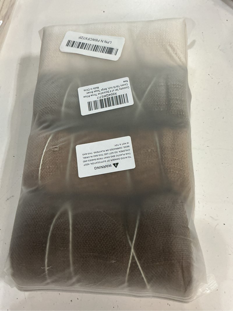 Condition photo showing New/Like New for set of 4 soft textured throw pillow covers 18x18 inch cozy decorative farmhouse cushion cover square accent pillow cases for bed couch sofa living room, beige taupe brown a beige taupe brown 18" x 18" (pack of 4)