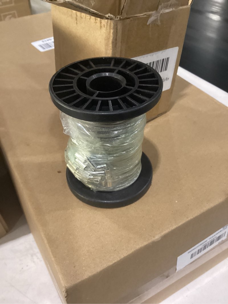 Condition photo showing As Is for 316 stainless steel cable, 200ft 1/32in wire rope with 50pcs aluminum sleeves stops, for string lights hanging, clotheslines, trellis wire