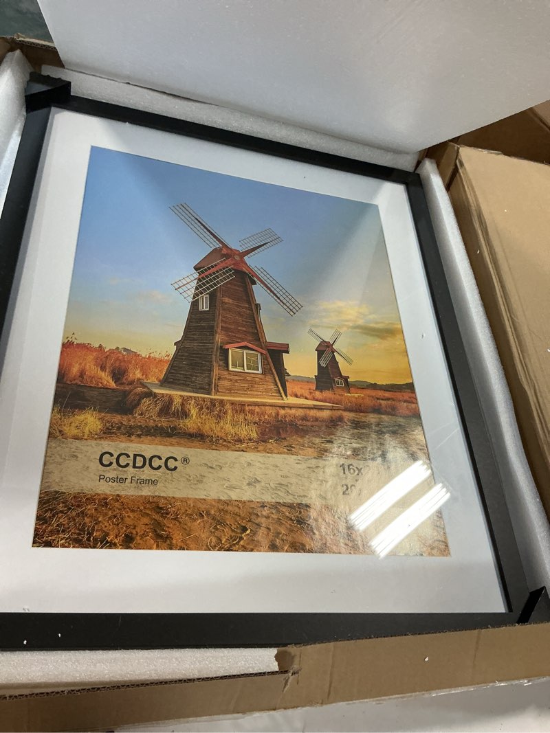 Condition photo showing Good Condition for 20x24 Picture Frame Set of 1, 20 x 24 Wood Poster Frames with Mat for 16x20, Wooden Photo Frames with Tempered Glass Cover for Wall Display,Black Black 20x24-1 Pack