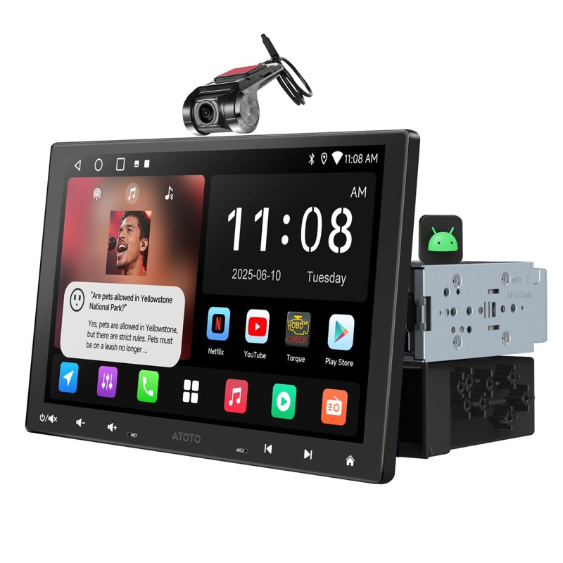 ATOTO A5LG110T 10.1" QLED Android Single & Double Din Car Stereo with Dash Cam, Wireless CarPlay & Android Auto, 2G+32G, Floating QLED Touchscreen, 1080P DVR Recording Camera, WiFi/Bluetooth