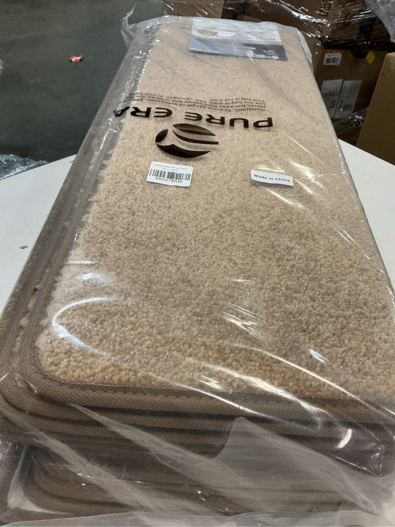Condition photo showing New/Like New for PURE ERA Bullnose Carpet Stair Treads Set Tape Free Non-Slip Indoor Stair Protectors Pet Friendly Rugs Covers Soft Skid Resistant Washable Reusable 9.5" x 30"(14 Pieces, Camel Brown) Camel Brown 14 Pieces with Bullnose