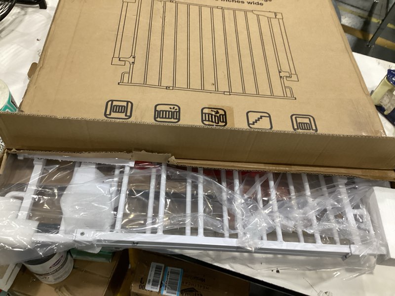 Condition photo showing Good Condition for cumbor 2 pack 29.2-43" no bottom bar baby gate for stairs, 2-in-1 auto close dog gate indoor, hardware mounted pet gate for doorways with large walk thru door, child-proof safety gate for kids (white) 02- white- drill only- no threshold 29.2"-43" w x 28" h | 2 pack