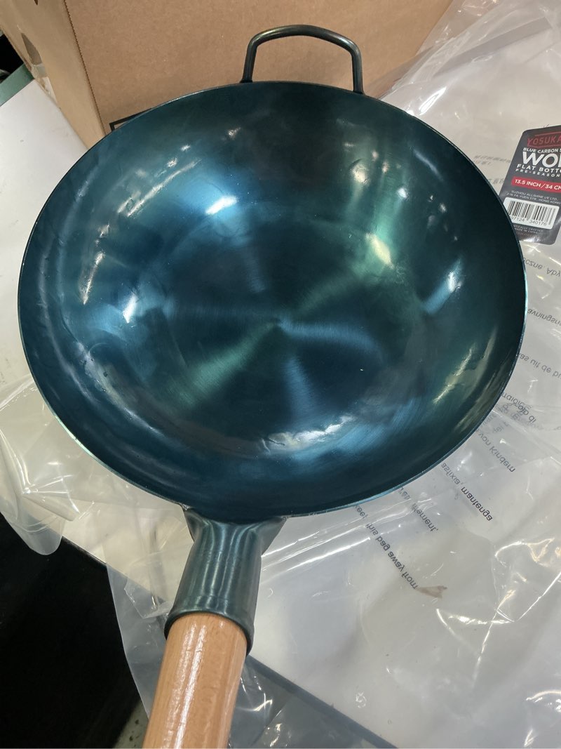 Condition photo showing As Is for yosukata 13.5” blue carbon steel wok pan – pre-seasoned flat bottom wok compatible with open fire, gas, electric, ceramic, induction cooktops -traditional chinese pan for stir fry, bbq, grill, camping
