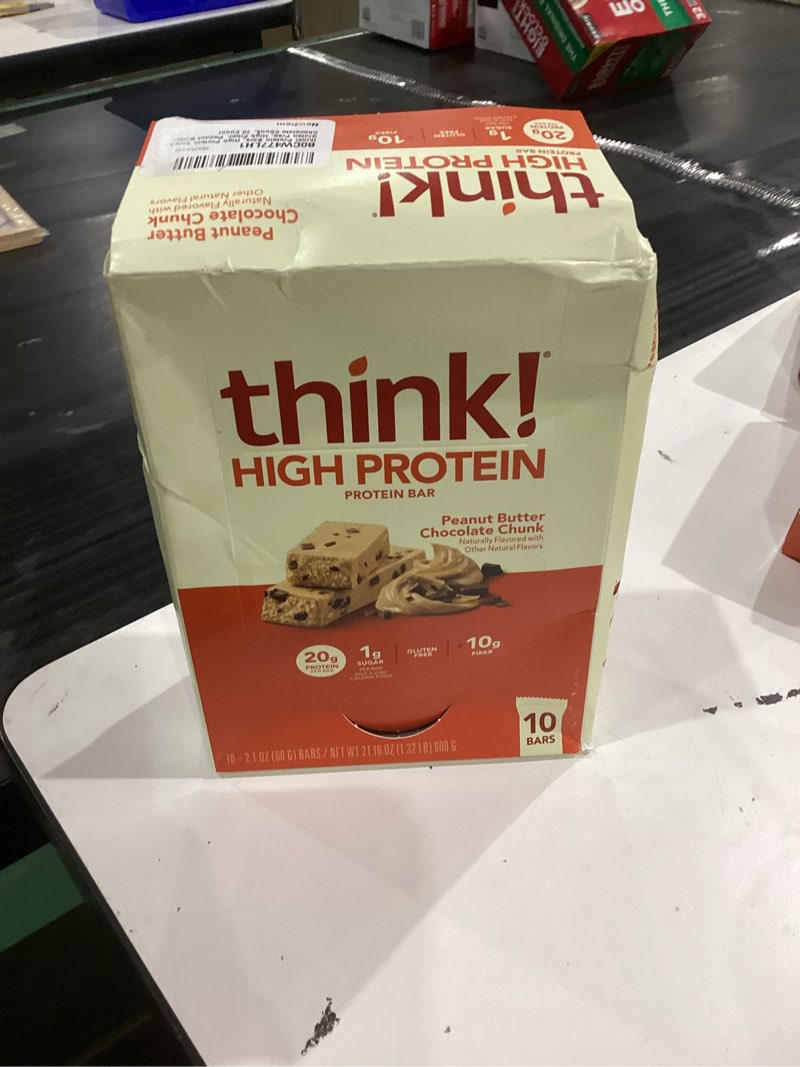 Condition photo showing New/Like New for think! Protein Bars, High Protein Snacks, Gluten Free, High Fiber, Peanut Butter Chocolate Chunk, 10 Count Peanut Butter Chocolate Chunk 10 Count (Pack of 1)
