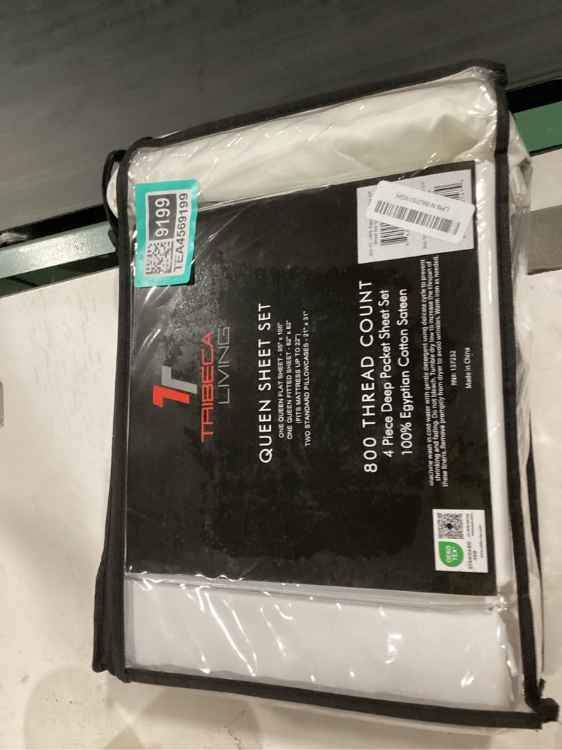 Condition photo showing New/Like New for tribeca living® egyptian cotton sateen 800 thread count hemstitched deep pocket sheet set queen white white queen