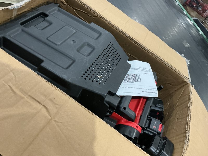 Condition photo showing As Is for mzk 20v 13" electric lawn mower, brushless cordless lawn mower with 4-position height adjustment, walk-behind push mowers with 8 gallon grass bag, 2 x 4.0ah batteries & charger included, lm13b8 red