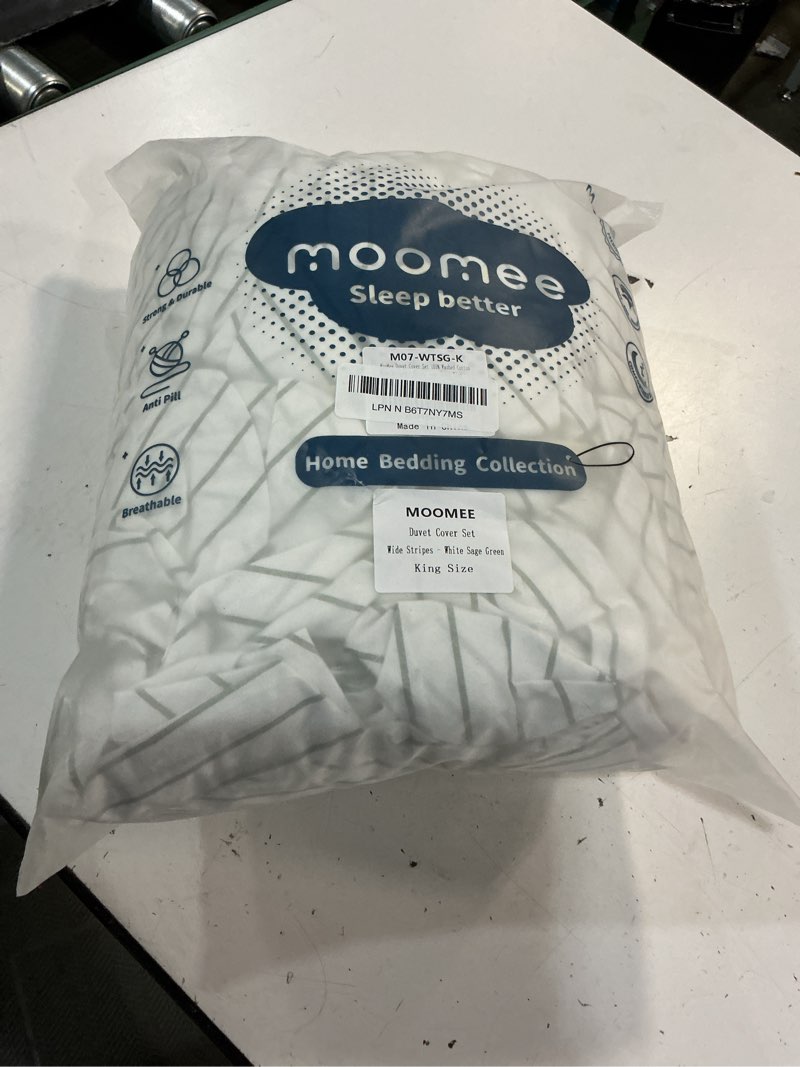 Condition photo showing Good Condition for moomee striped duvet cover set 100% washed cotton linen like textured breathable durable soft comfy (white sage green wide stripes, king 104"x90") wide stripes - white/ sage green (no comforter) king (104"x90")