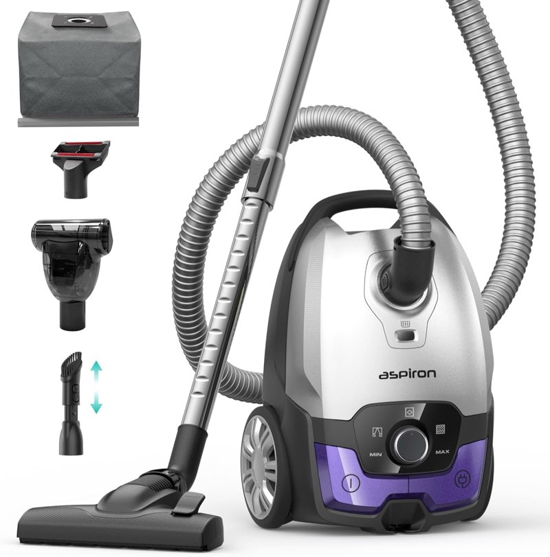 aspiron canister vacuum,1700w/45kpa bagged vacuum cleaner,5l large capacity,auto cord rewind,hepa filter,low noise,8m cleaning radius,variable power control,easy to push,hard floor,pet,carpet