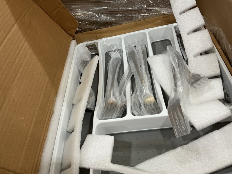 Condition photo showing As Is for 53pcs silverware set for 8 with flatware drawer organizer, stainless steel cutlery set with steak knives, include spoons and forks set & serving utensils, mirror polished, silver
