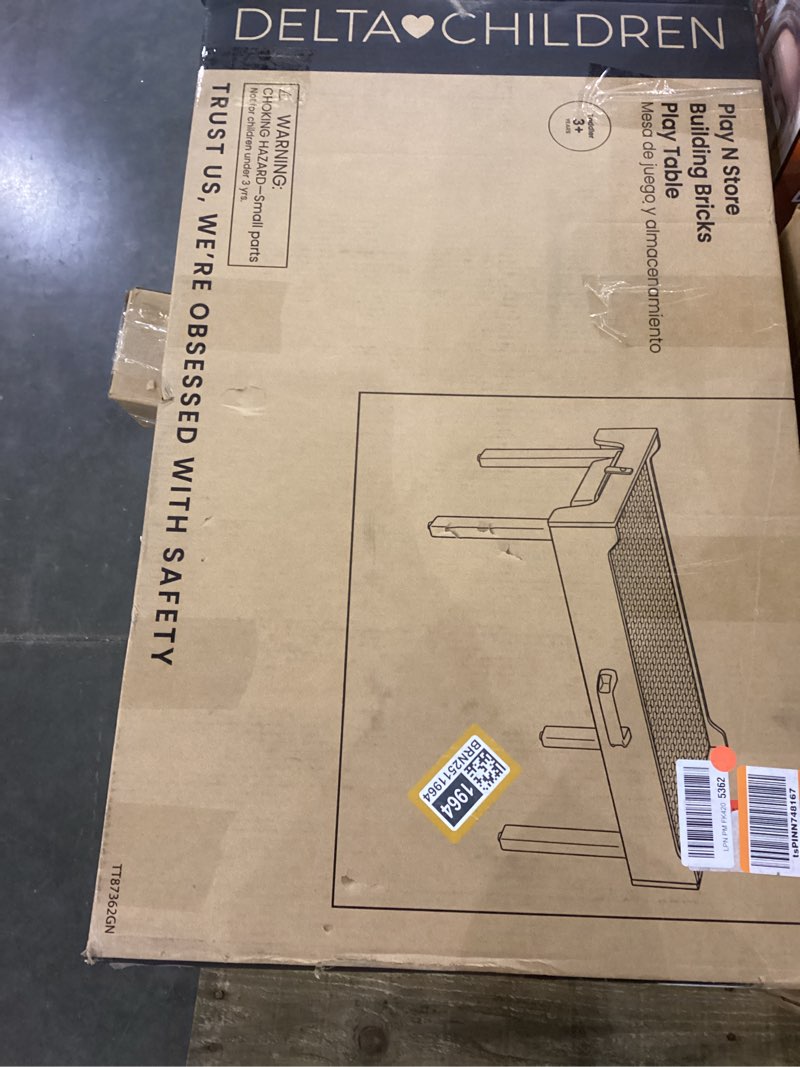 Condition photo showing As Is for Delta Children Play N Store Building Bricks Play Table with 100+ Play Bricks Included - Large Brick Plate Compatible with Lego, MegaBlocks & More - Legs Fold for Easy Under Bed Storage, Grey