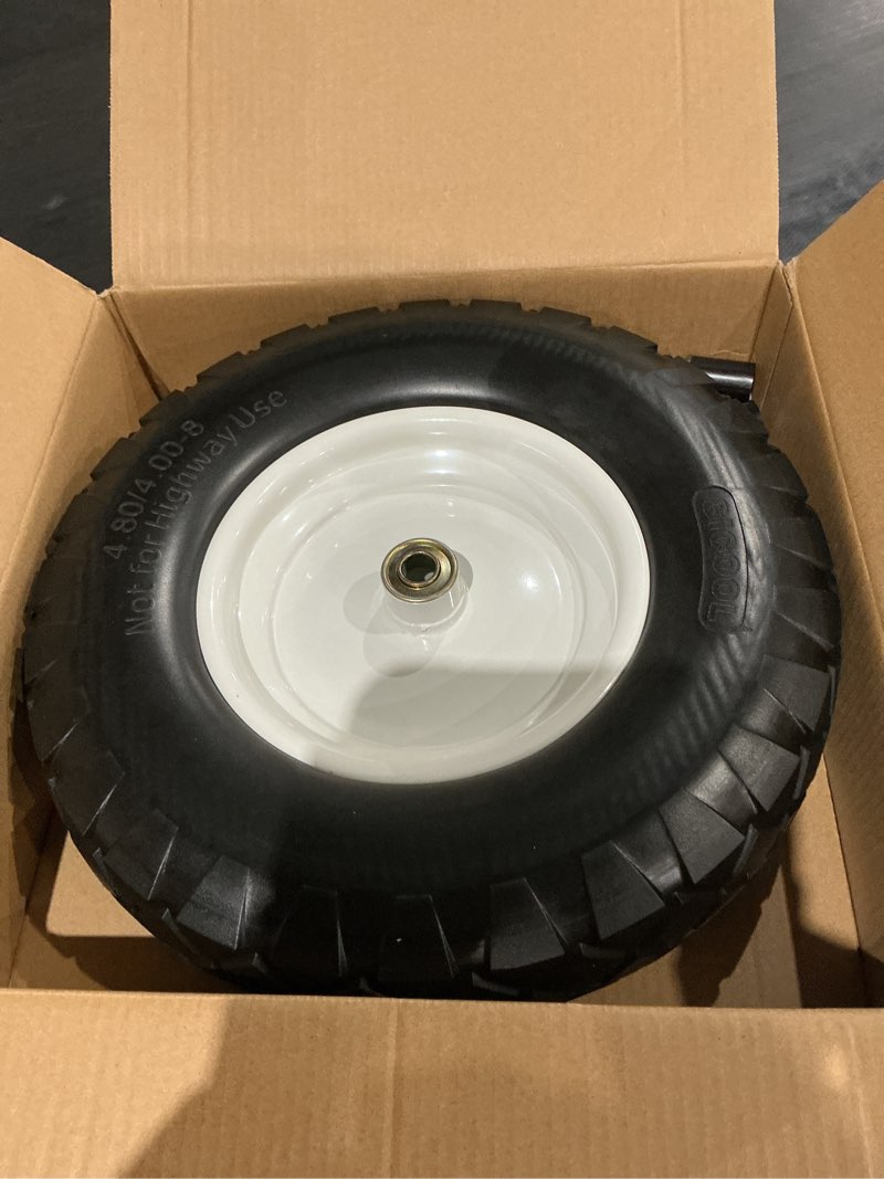 Condition photo showing Good Condition for 4.80/4.00-8" wheelbarrow tire, 16" flat-free solid tire and wheel, 3-6" centered hub, 5/8" & 3/4" bearing, for broadcast spreader garden wagon cart trolley dolly (1 pack)