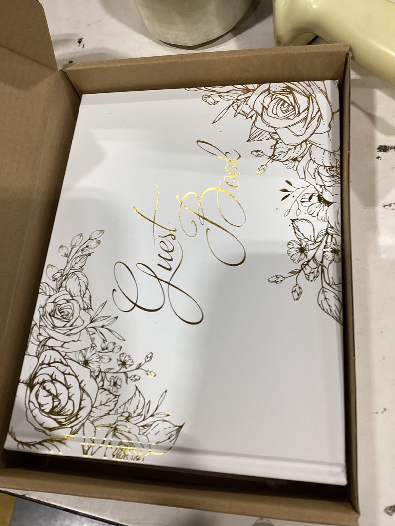 Condition photo showing Good Condition for guest book and pen stand set, polaroid sign in book for weddings, parties, baby showers, 9”× 6.7” blank or lined pages (all blank pages)