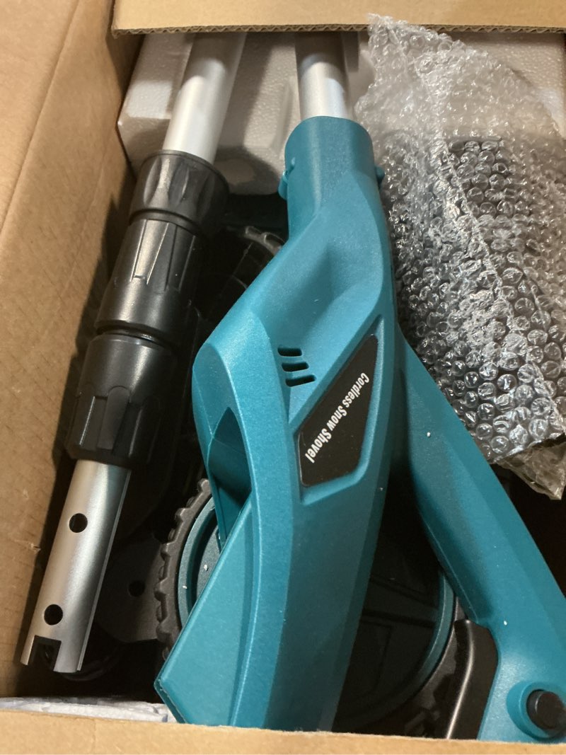Condition photo showing As Is for 17"cordless snow shovel with wheels, 9000mah brushless electric snow blower battery powered, 20-30ft throw distance/larger snow removal,12lb lightweight snow thrower for driveway/steps/patio/sidewalk blue