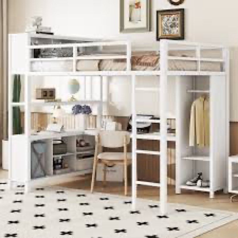 Metal Loft Bed With Wardrobe And L-Shaped Desk, Loft Bed With Storage Cubes For Kids Teens Adults