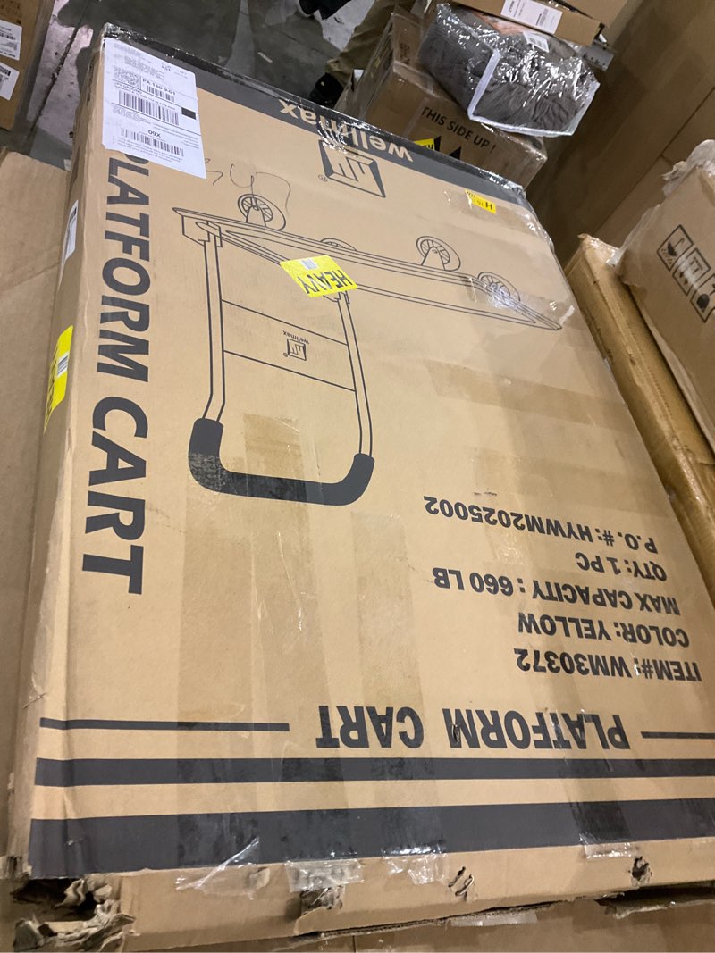 Condition photo showing As Is for Push Cart Dolly by Wellmax, Moving Platform Hand Truck, Foldable for Easy Storage and 360 Degree Swivel Wheels with 660lb Weight Capacity, Yellow Color 660 Lbs Yellow