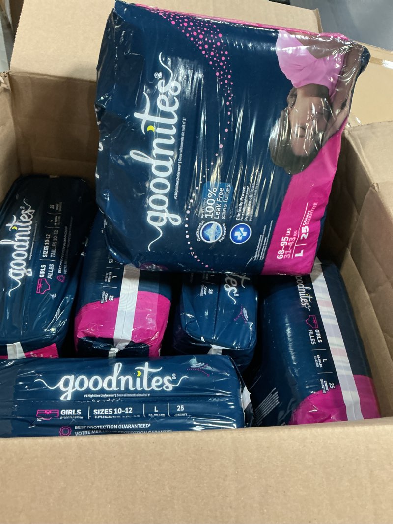 Condition photo showing New/Like New for goodnites girls' nighttime bedwetting underwear, size large (68-95 lbs)(6 packs of 25), packaging may vary large