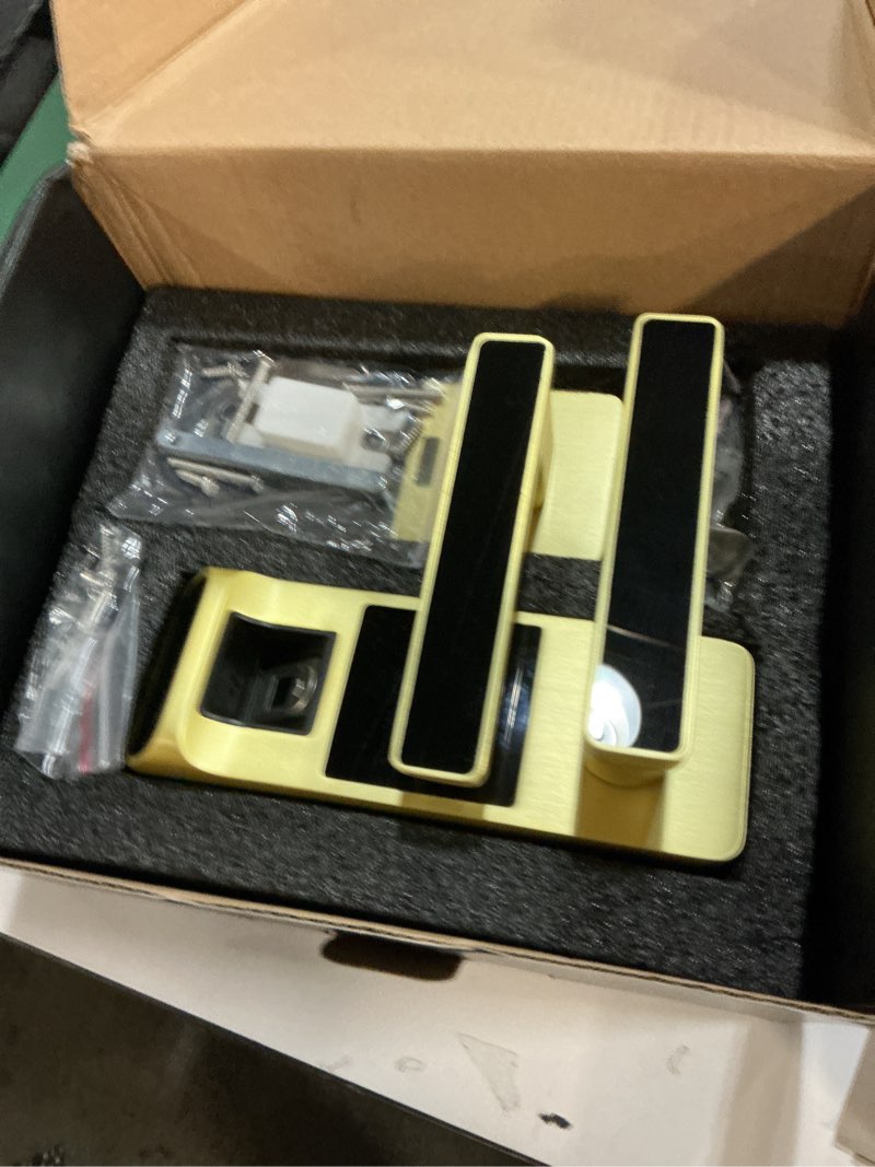 Condition photo showing New/Like New for harfo smart door lock, heavy duty 5 in 1 keyless entry door lock, full app control digital keypad lock, reversible handle with fingerprints and passcodes for family/office/apartment (gold)