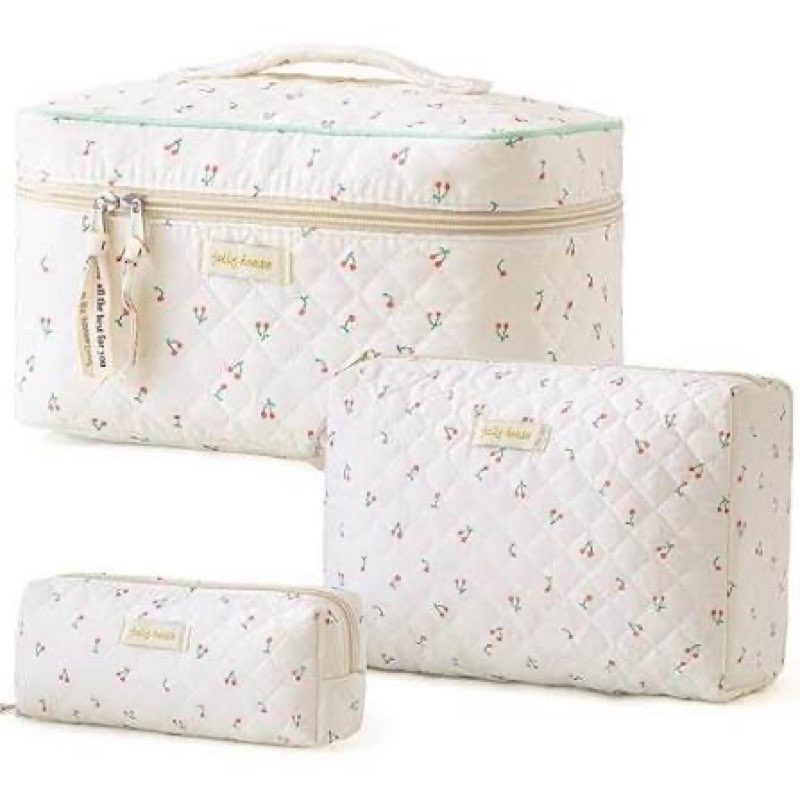 hbselect quilted makeup bag, 3pcs cotton large travel makeup bag, cute floral coquette make up bag c