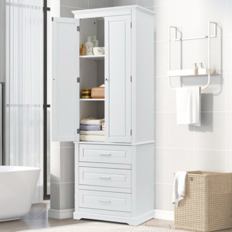 Madrona Modern Minimalist Freestanding Wooden Tall Wardrobe Linen Cabinet, White