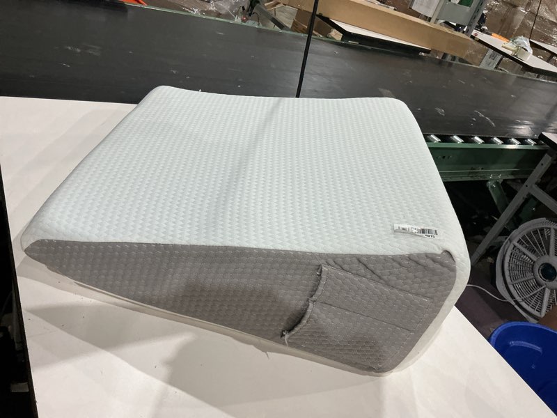Condition photo showing As Is for bedluxe wedge pillow, 12 inch bed wedge pillow for headboard, pillow wedge for acid reflux relief, sleeping, after surgery, snoring, gerd, triangle pillow wedge - cooling memory foam top, white/grey