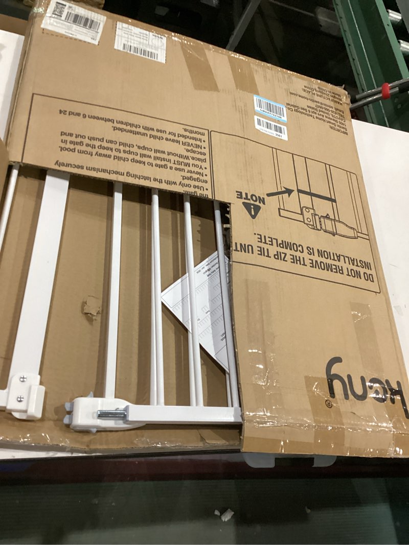 Condition photo showing As Is for keny 29"-42.5" baby gate for stairs, auto close safety dog gate, pressure mounted easy walk through pet gate for doorways, durable stair gate, 30" tall, white