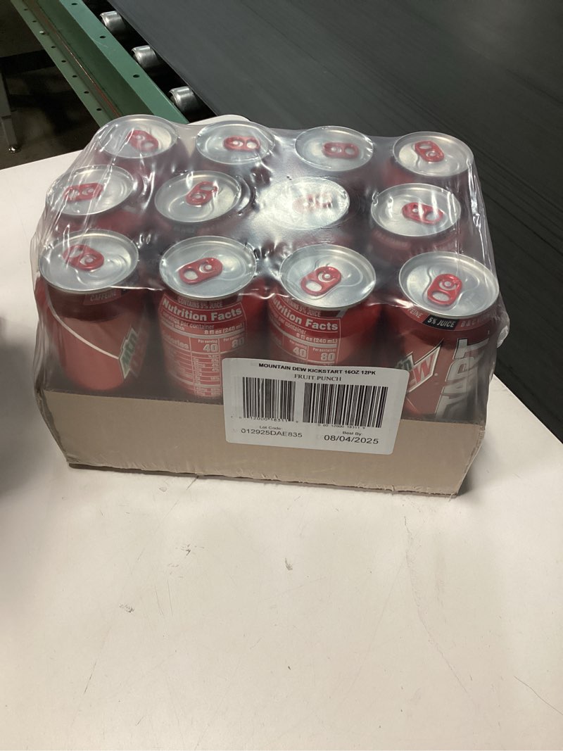 Condition photo showing Good Condition for  (Best by 08 / 04 / 2025 ) Mountain Dew Kickstart, Fruit Punch, 92mg Caffeine, Vitamins B & C, 80 Calories, 5% Juice, 16 fl oz (12 Count) Fruit Punch 16 Fl Oz (Pack of 12)