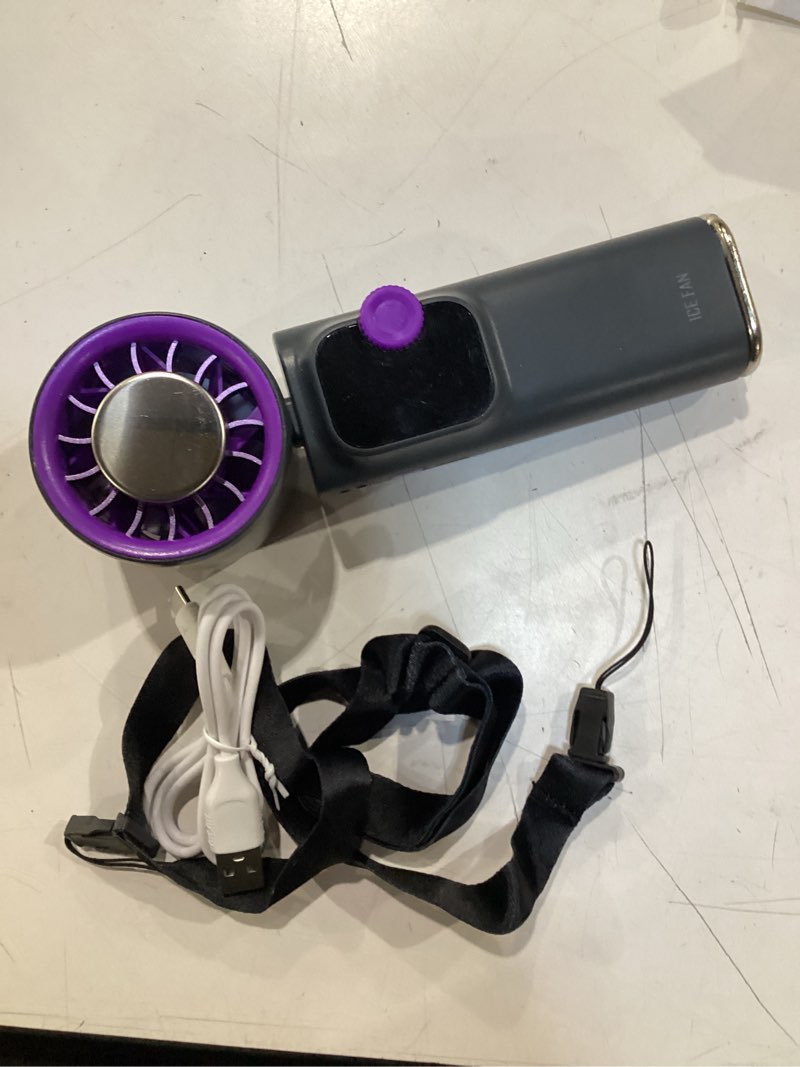 Condition photo showing Good Condition for portable handheld fan with ice cooling personal rechargeable mini neck fan | 199-speed 20000rpm 4000mah battery powered up to 15hrs, led display foldable & hangable for travel, camping & outdoor, purple gray-purple