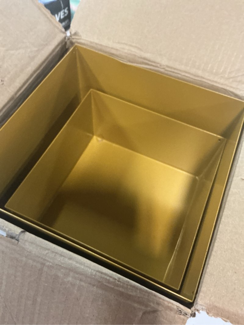 Condition photo showing As Is for metal display stands for buffet table - black & white cake risers, cupcake stand for wedding, party, catering supplies, elegant food risers for displaywith 3pcs hollow bottoms 6''x7''x8'', sturdy & modern (gold, (6,7,8)''-1 set) gold (6,7,8)"-1 set