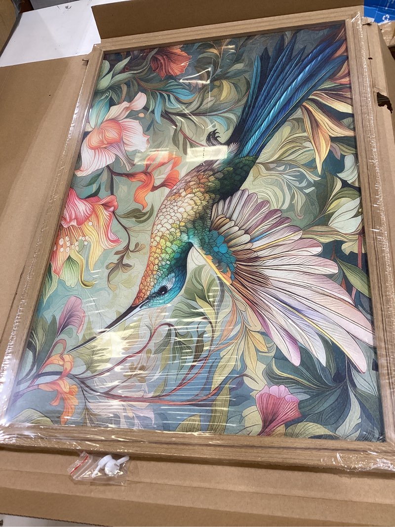 Condition photo showing New/Like New for urmoya vintage hummingbird floral canvas wall art 16x24 in | wood frame, birds art prints, boho floral wall decor?, ready to hang, cottagecore, ?for living room bedroom office 24"l x 16"w hummingbird