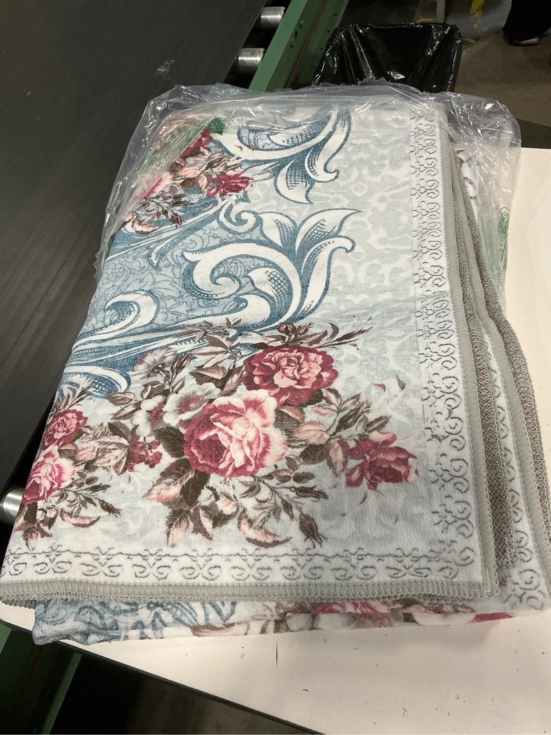 Condition photo showing As Is for easy-going area rug 5x7 washable floral rugs for living room non-slip bedroom rug low pile lightweight retro flowers throw rug for dining room kitchen home office carpet, teal red