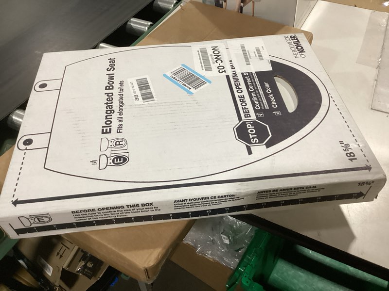 Condition photo showing Good Condition for kohler 4647-0 stonewood elongated toilet seat, elongated wood seat for standard toilets, comes with color-matched plastic hinges, home essentials, white white elongated
