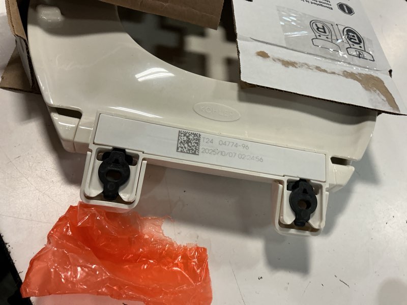 Condition photo showing As Is for kohler k-4774-96 brevia elongated toilet seat with quick-release hinges and quick-attach hardware for easy clean, biscuit elongated biscuit