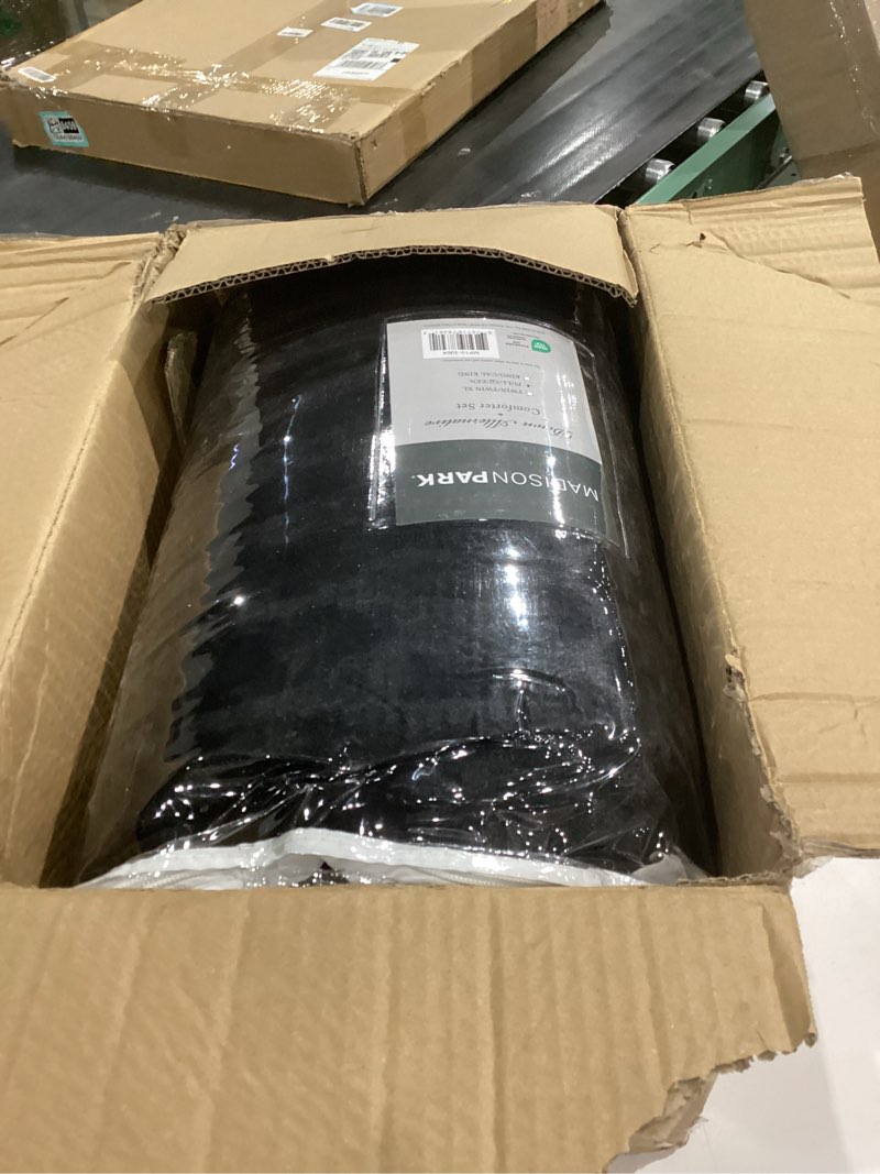 Condition photo showing New/Like New for Madison Park Duke Luxe Faux Fur Reversible Comforter Set, Soft Plush Reverse, Modern Down Alternative Filling Cozy Bedding, Box Quilted Warm Cover, Matching Shams, Full/Queen, Black 3 Piece Black Full/Queen