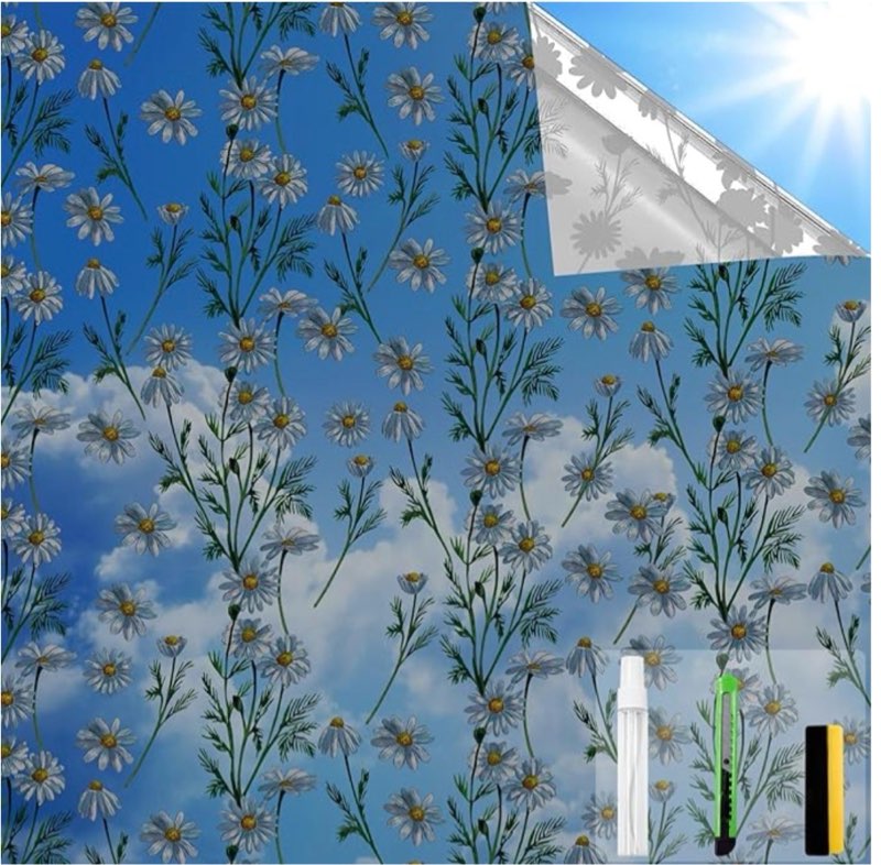One Way Privacy Film, Window Tint for Home,Daytime Reflective, Anti UV Static Cling Sliding Door Coverings No Glue Garage Solar Paper (Black - Silver-Daisy, 35.4 x 157.4 in)