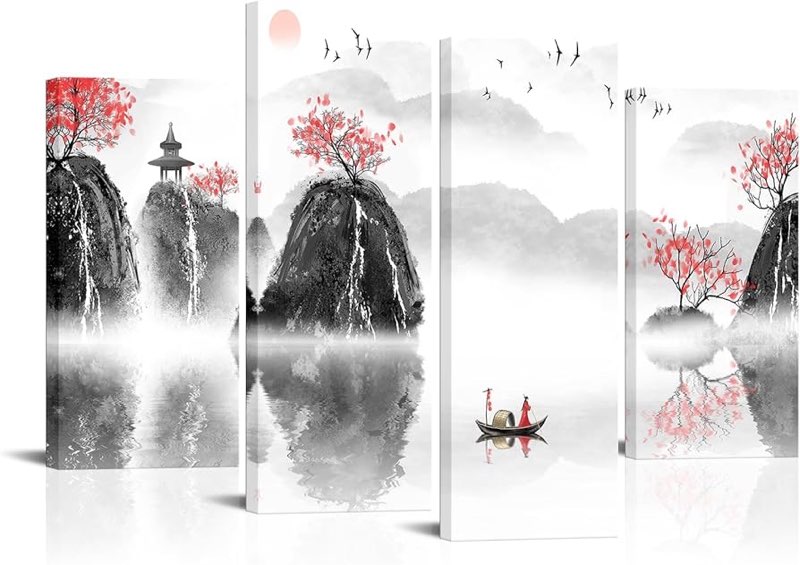 VANSEEING Traditional Chinese Ink Painting Canvas Wall Art Prints Red Plum Blossom Landscape Nature 