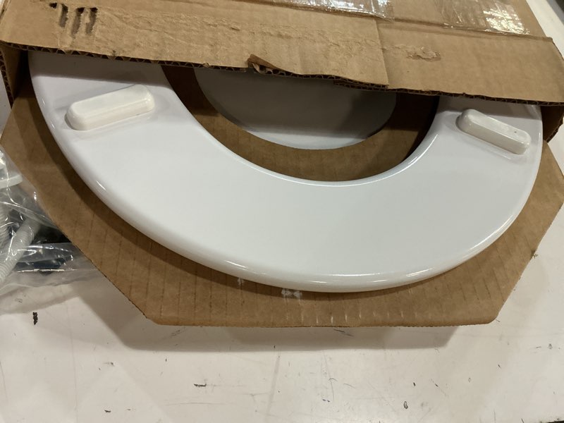 Condition photo showing As Is for bemis round enameled wood toilet seat in cotton white with easy•clean hinge