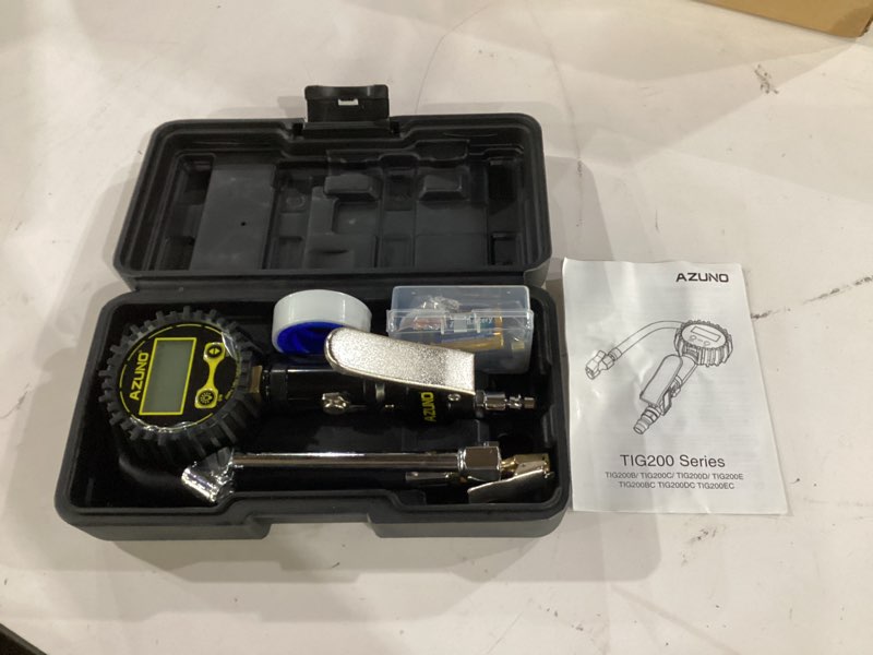Condition photo showing Good Condition for not tested**** azuno digital tire inflator with pressure gauge, 200 psi, heavy duty air compressor accessories, with rubber hose lock on air chuck and quick connect coupler, comes with a portable carrying box standard with case