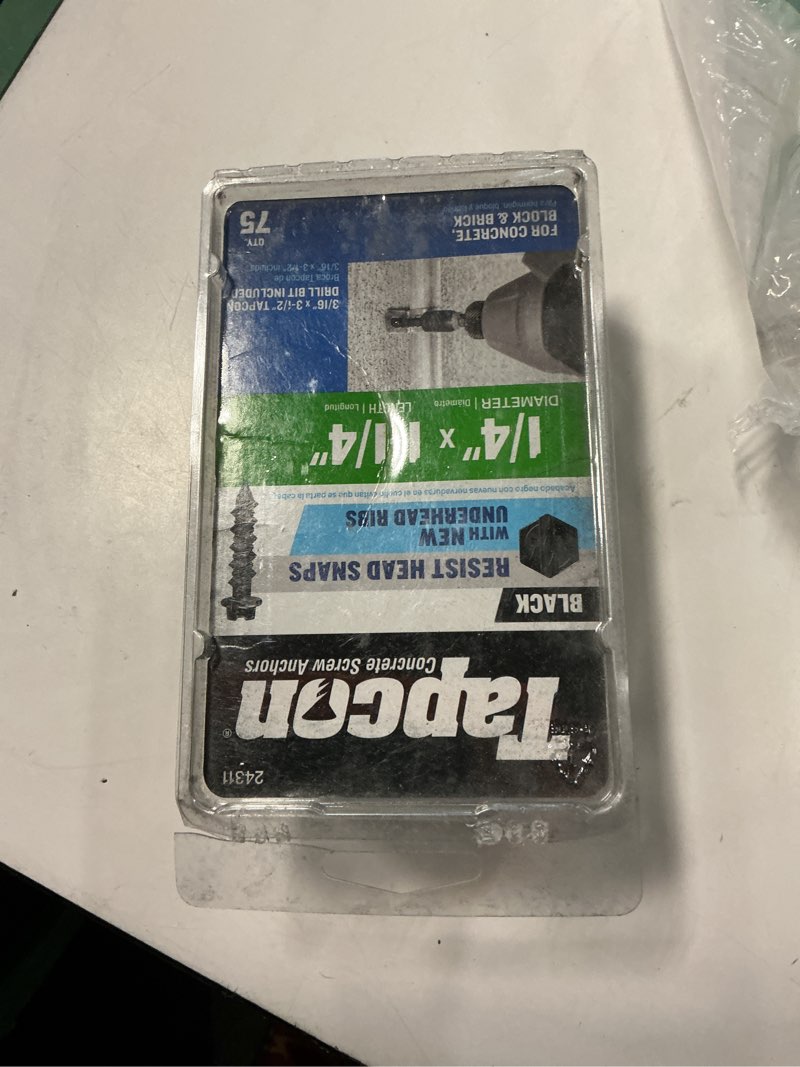 Condition photo showing As Is for tapcon 1/4 x 1-1/4 inch black hex head concrete anchors, 75 pcs, corrosion resistant climaseal™ coating, heavy-duty concrete and masonry screws, superior holding strength, drill bit included 1/4" x 1-1/4" black-hex head 75