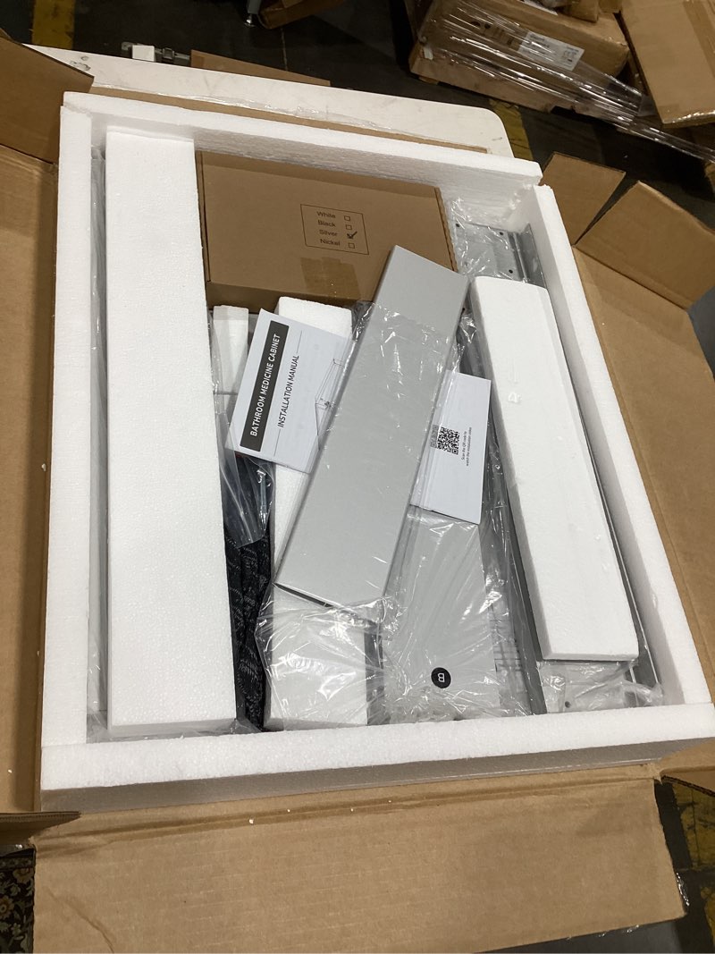 Condition photo showing Good Condition for tokeshimi 16 x 20 mirrored medicine cabinet, tempered beveled mirror, silver medicine cabinet for bathroom, assembly required, stepless adjustable shelves, recessed/wall mount silver 16x20 in