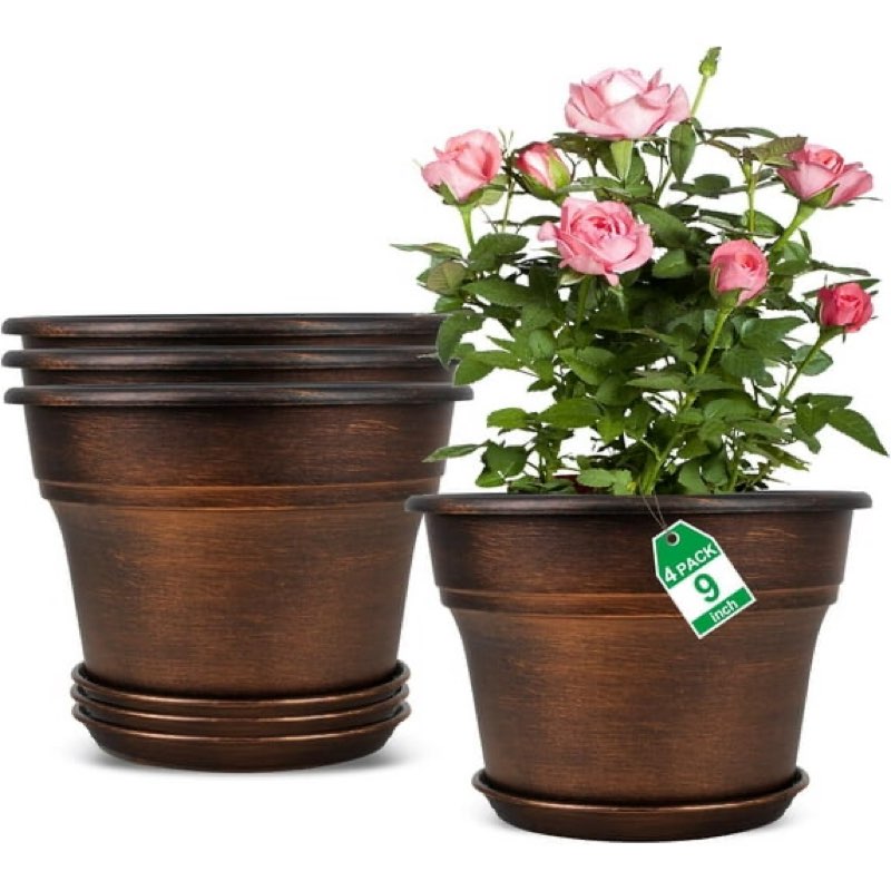 plant planters pots set of 4 pack 13 inch?large plastic flower pot for indoor plants with drainage holes & trays, resin decorative container sets with saucer for house outdoor garden plant dark gold
