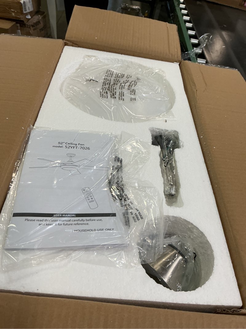 Condition photo showing New/Like New for Ovlaim 52 Inch Ceiling Fan with Light Remote Control and 6 Speed Quiet DC Motor, Living Room Bedroom Ceiling Fan 5 Wood Blades Downrod Mount Silver