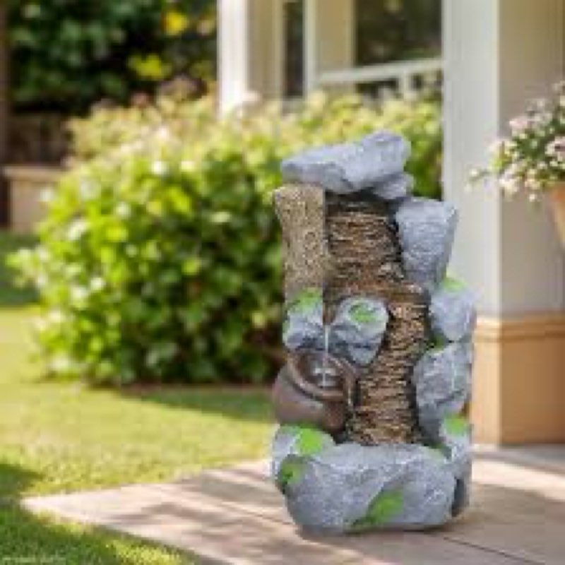 TOLATR Outdoor Water Fountain with LED Lights Modern Curved Faux Stone Waterfall Indoor or Outdoor G