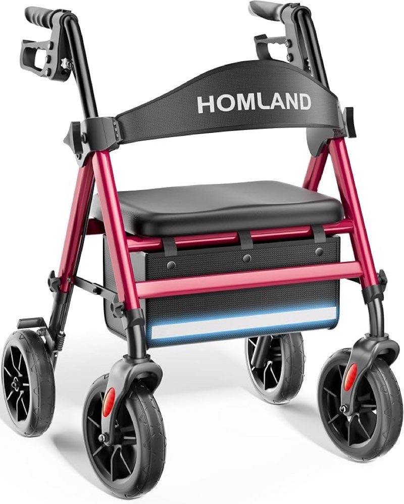 homland foldable walker for seniors with seat, 17lb lightweight, ergonomic | 350lb capacity, 8" all-terrain wheels, adjustable height, easy to assemble, ergonomic seat, lightweight aluminum frame, red