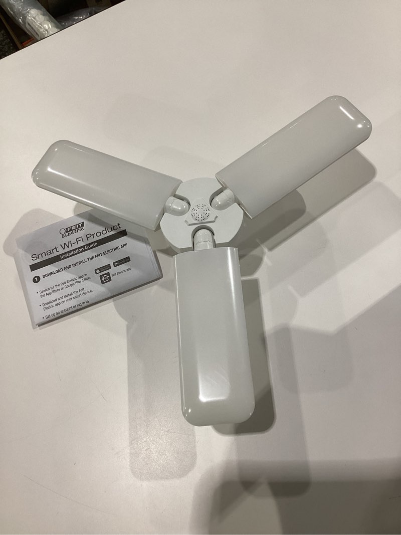 Condition photo showing As Is for Feit Electric Smart LED Garage Light, RGBW 3 Panel, WiFi 2.4GHz, Screw-in LED Shop Light Bulb, Works with Alexa and Google Home Assistant, E26, 4000 Lumens, Garage Ceiling Light, ADJ4000/RGBW/LED/AG